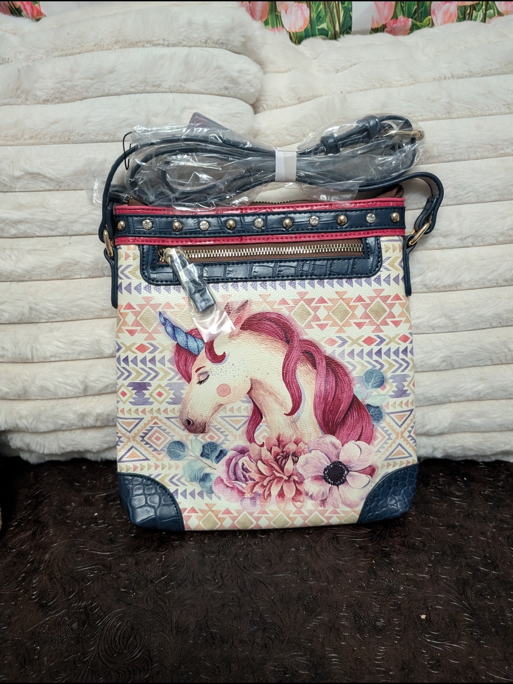 Pink Unicorn Print Crossbody Bag with Floral Accents